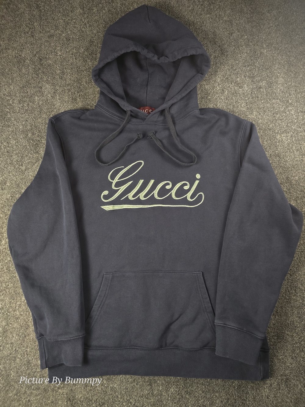 Gucci Navy Blue Script Logo Hoodie - Men's Size Medium